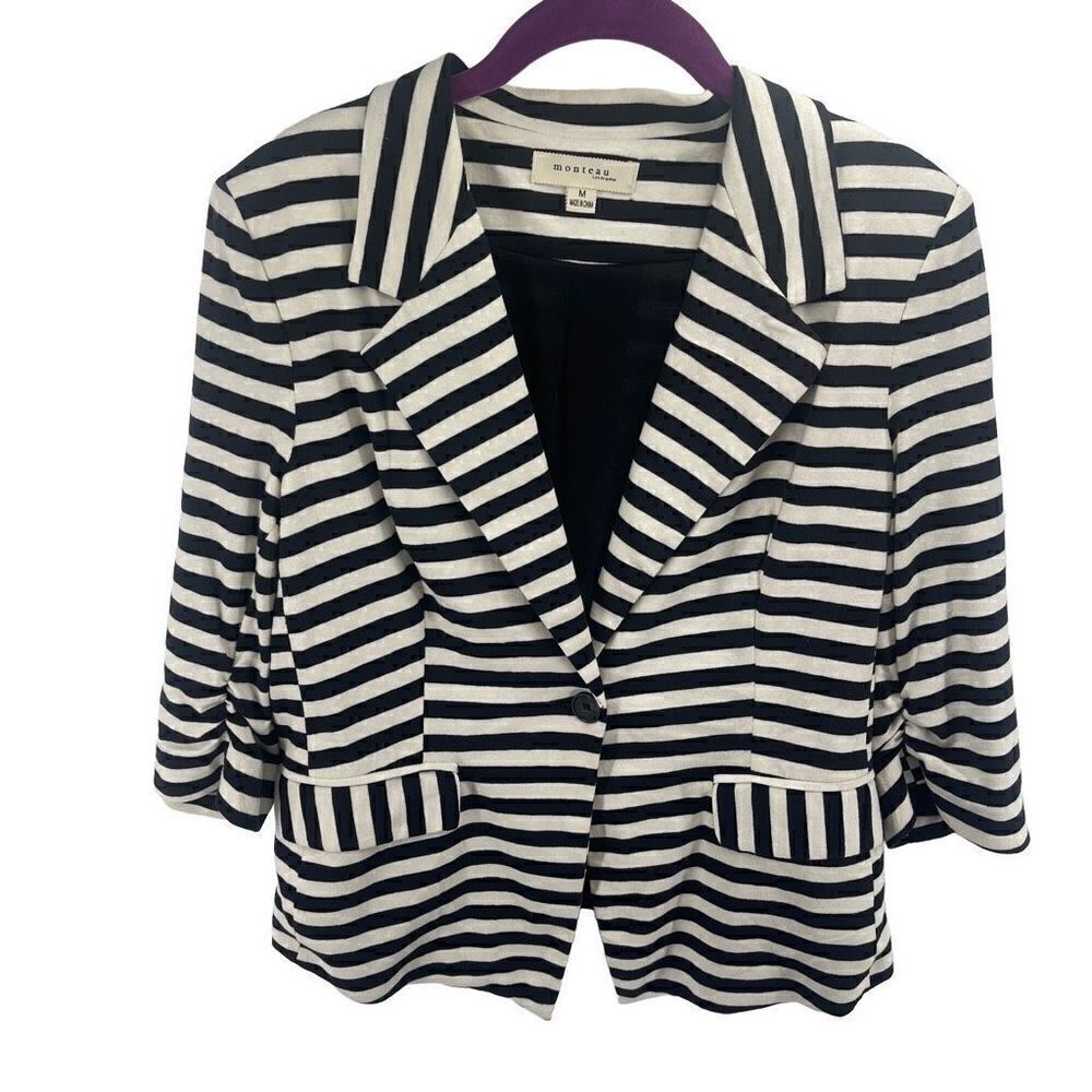 Monteau Women's Single Button Blazer Striped 3/4 Sleeve black white Medium